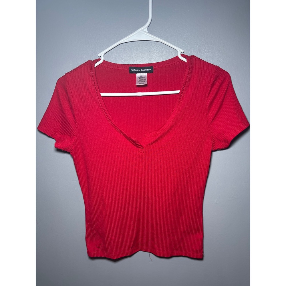 Perfectly Imperfect Red Ribbed Notched V-Neck Short Sleeve Top S211 Medium